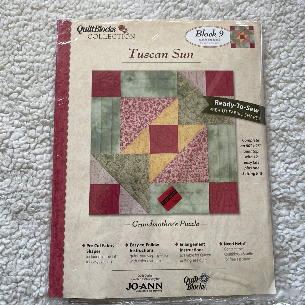 Joann Fabrics Quilt Blocks Collection  TUSCAN  SUN Block # 9 Grandmothers Puzzle